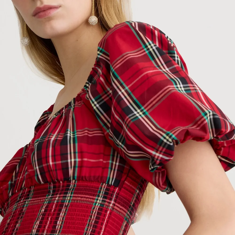 New! J.Crew sz Medium M Red Tartan Plaid Smocked Midi Dress NWT